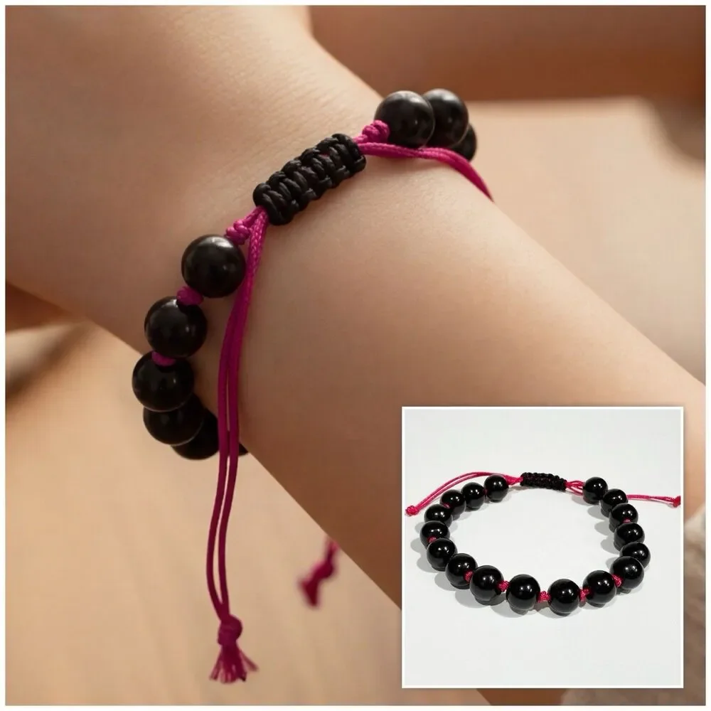 Black Beaded Bracelet Pink Adjustable Handmade Boho - Picture 1 of 9